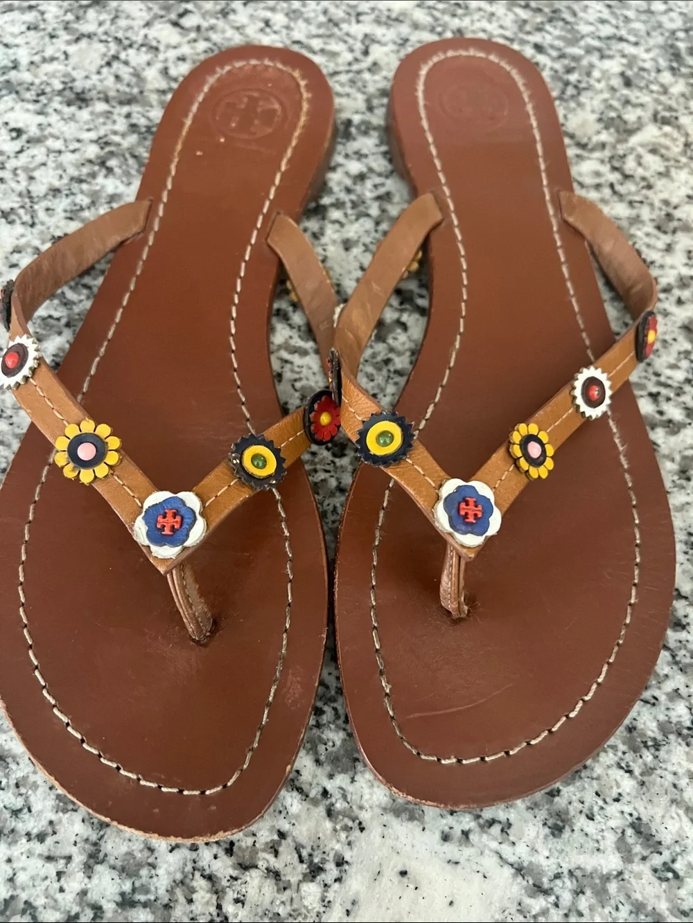 Tory Burch Marguerite Terra thong leather sandal 8 brown floral studs summer